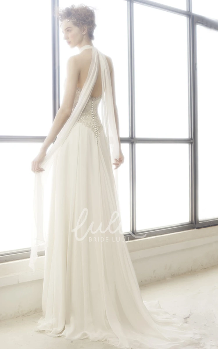 High Neck Lace Chiffon Wedding Dress with Backless Style Classy Wedding Dress
