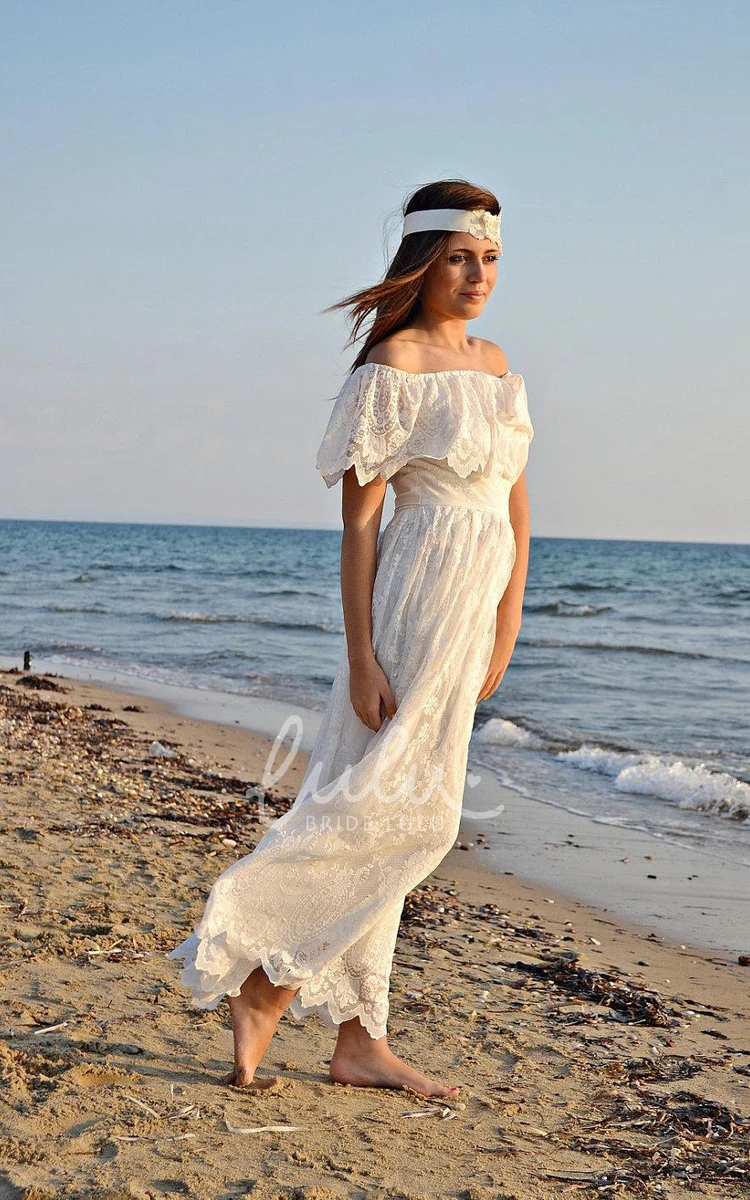 Boho Lace Wedding Dress Off-The-Shoulder Empire Style with Sash