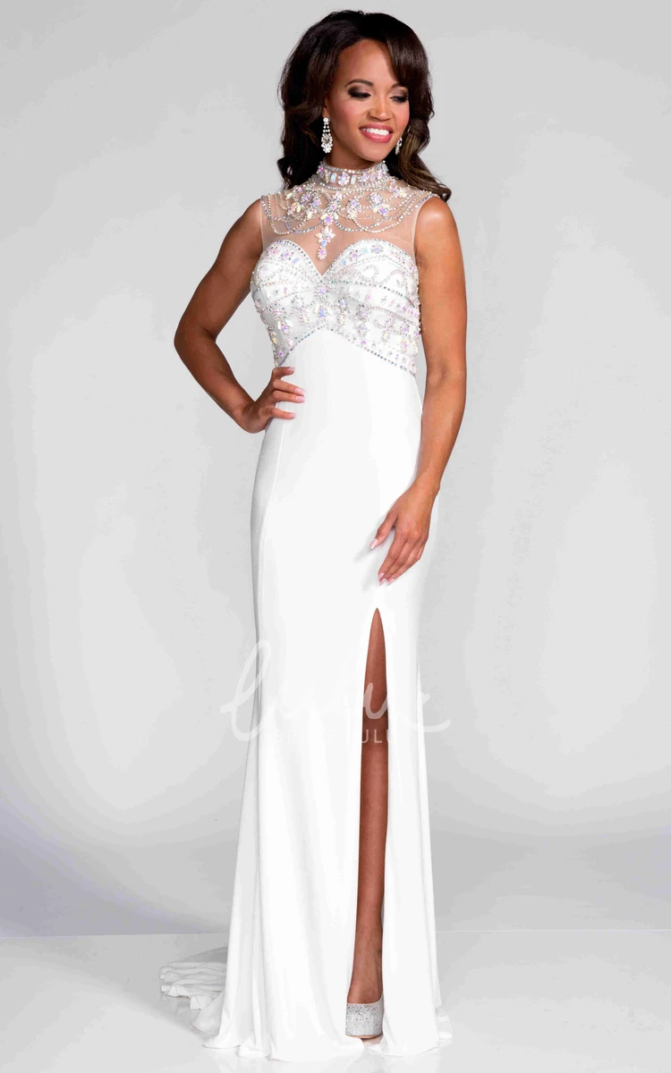 High Neck Sleeveless Sheath Jersey Prom Dress with Illusion Back Simple Prom Dress 2024