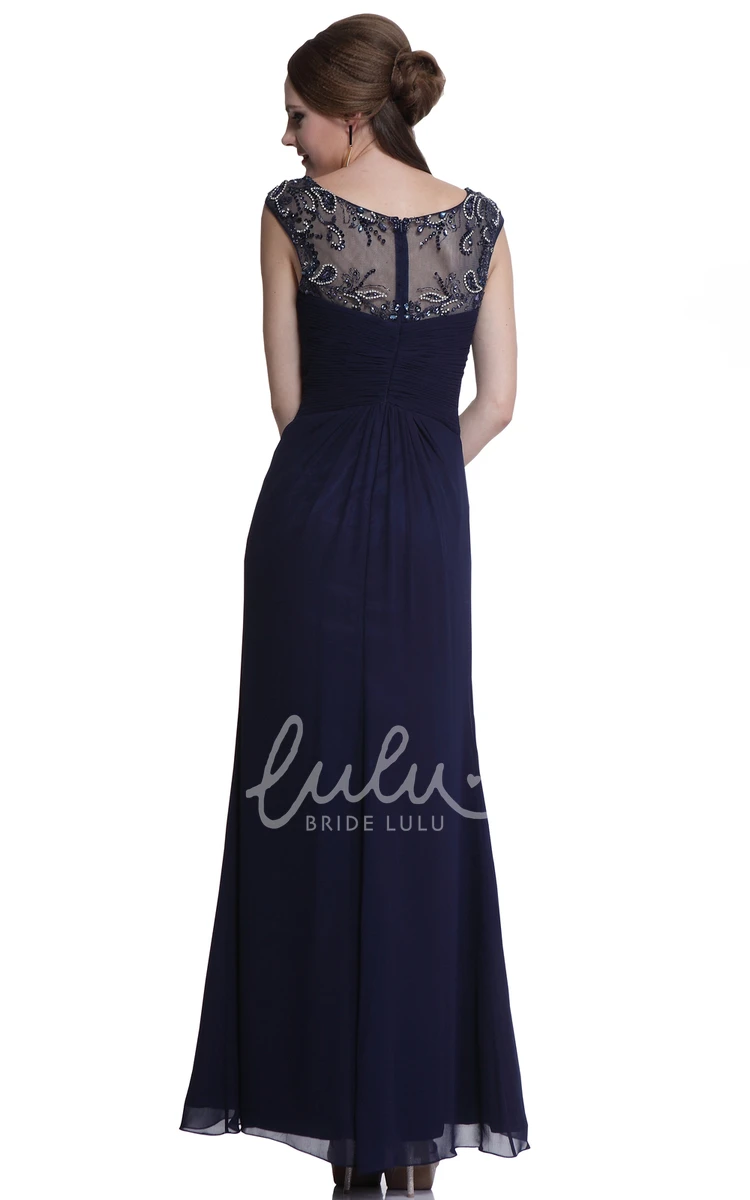 Split Front Cap-Sleeve Chiffon Formal Dress with Beading in Sheath Style