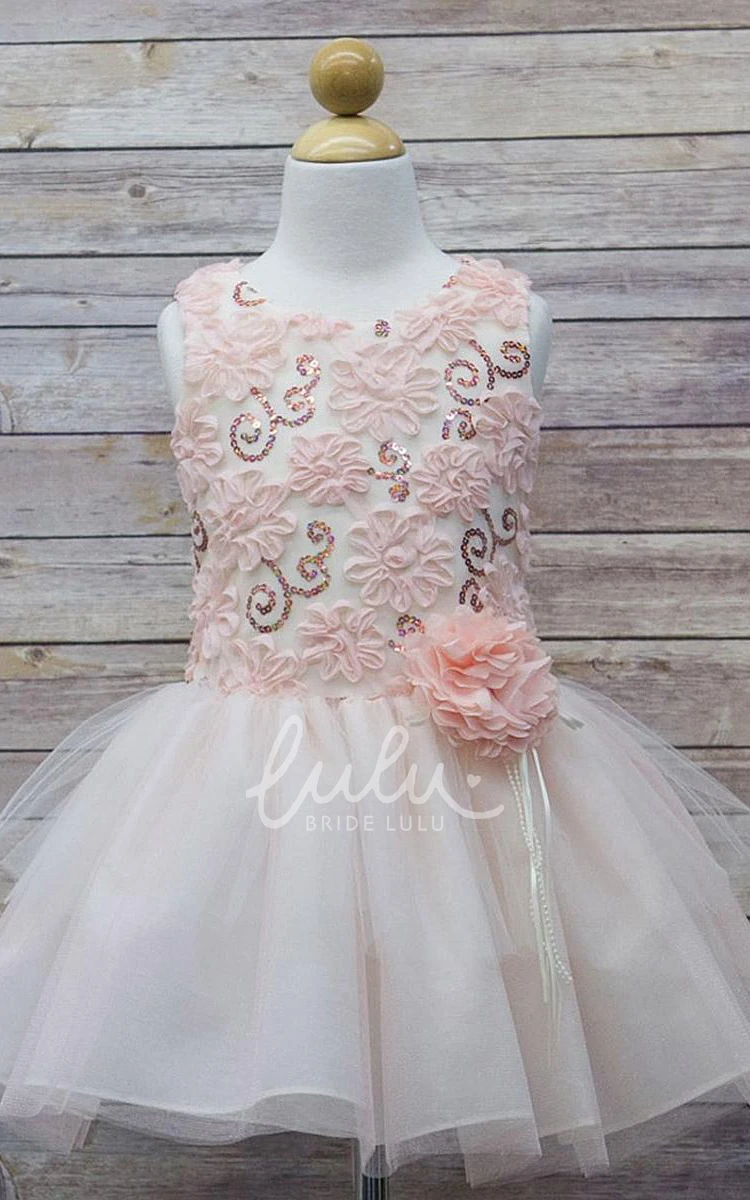 Midi Floral Tulle and Sequin Ribbon Flower Girl Dress with Embroidery