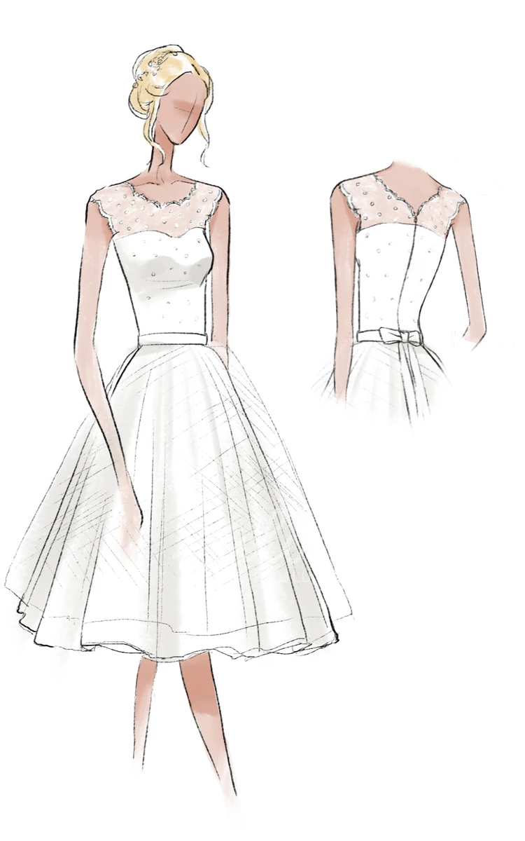 Tea-Length Tulle Lace Wedding Dress with Cap Sleeves in 1950s Style