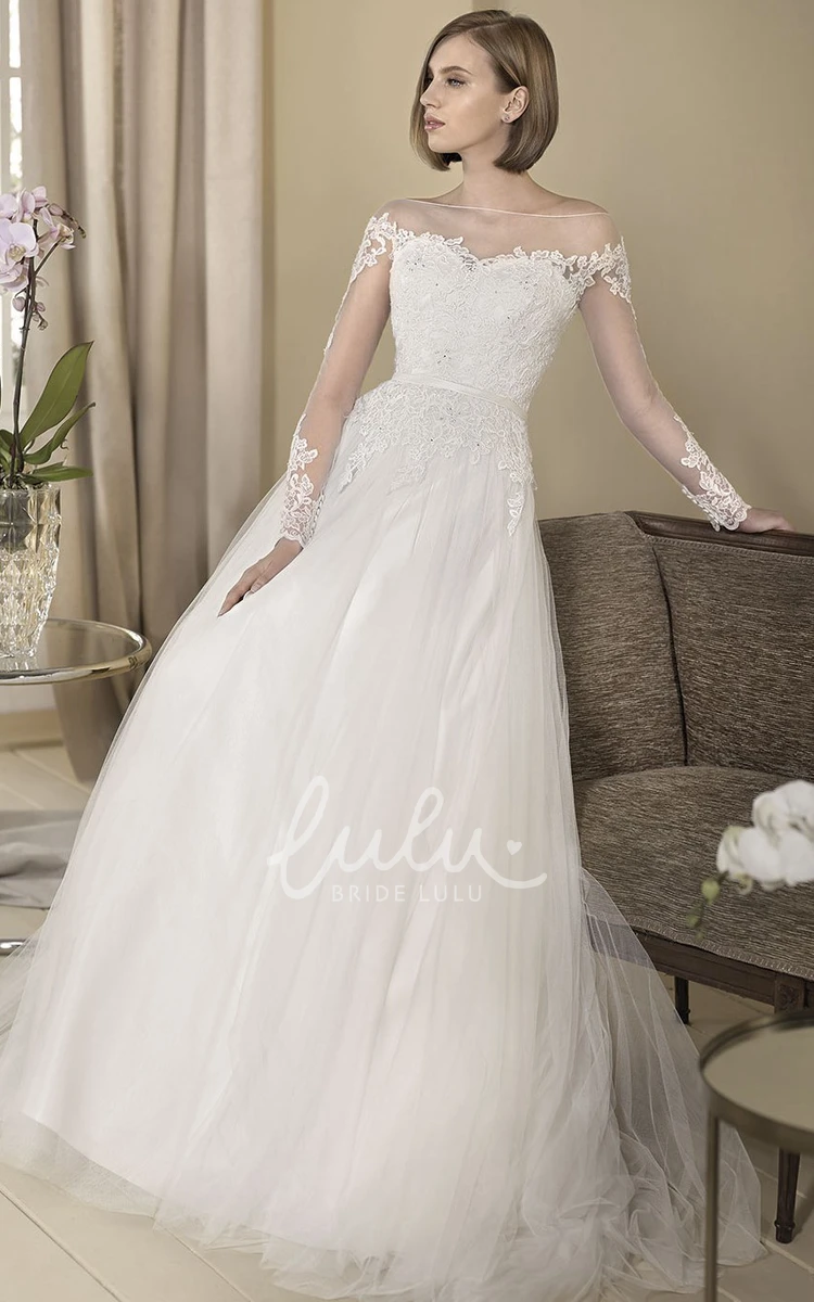 Off-The-Shoulder Tulle&Lace A-Line Wedding Dress with Long Sleeves and Floor-Length Design