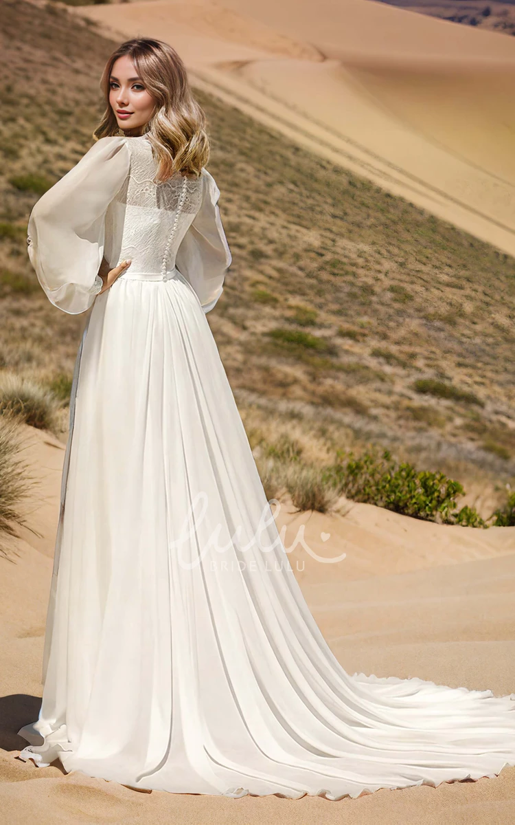 Casual Modest Rustic Long Sleeve A-Line Bateau Neck Wedding Dress Gowns with Train