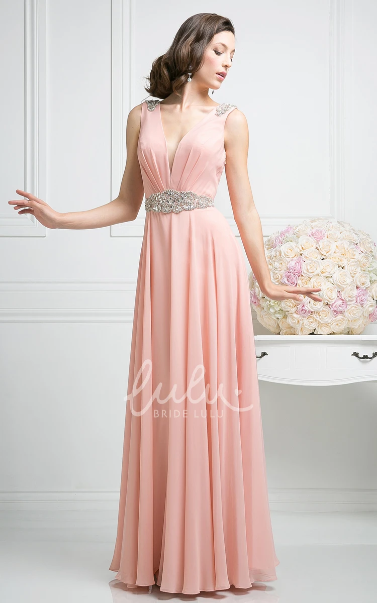 V-Neck Chiffon Pleated Formal Dress with Waist Jewelry A-Line Style