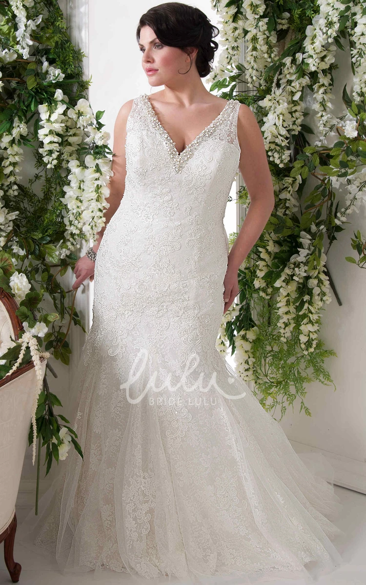 Beaded V-Neck Appliqued Lace Plus Size Wedding Dress