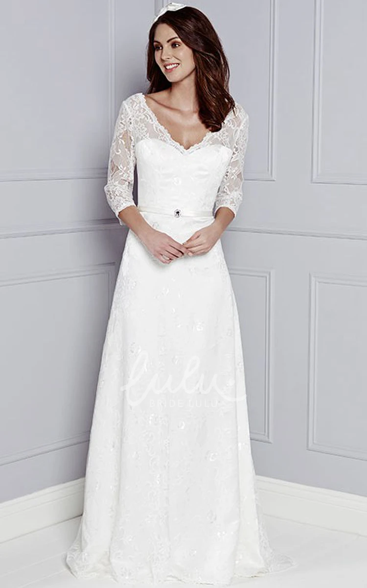 Long Lace Appliqued Wedding Dress V-Neck with 3-4-Sleeves