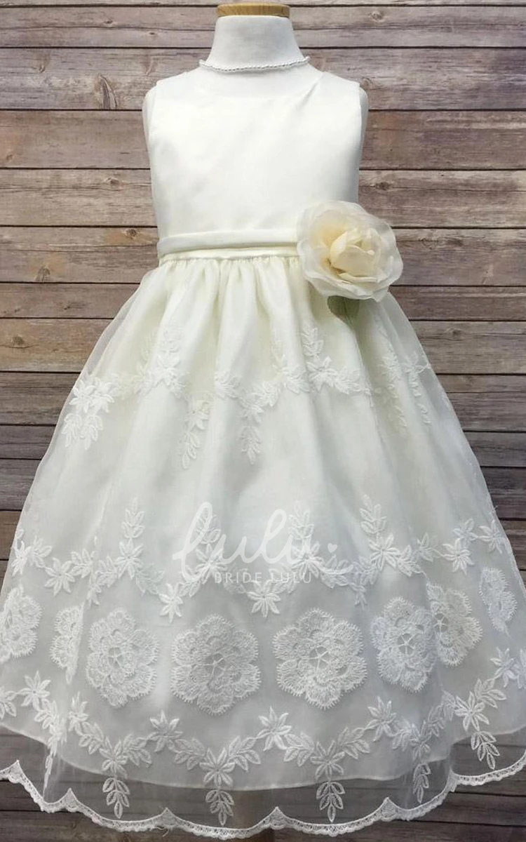 Organza Floral Tea-Length Flower Girl Dress with Embroidery Elegant Wedding Dress