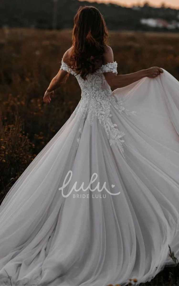Bohemian A Line Tulle Wedding Dress with Beading and Off-the-shoulder Neckline