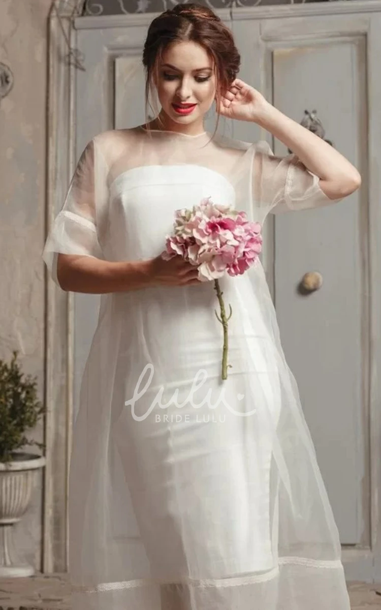 Modern A Line Organza Tea-length Wedding Dress with Jewel Half Sleeves