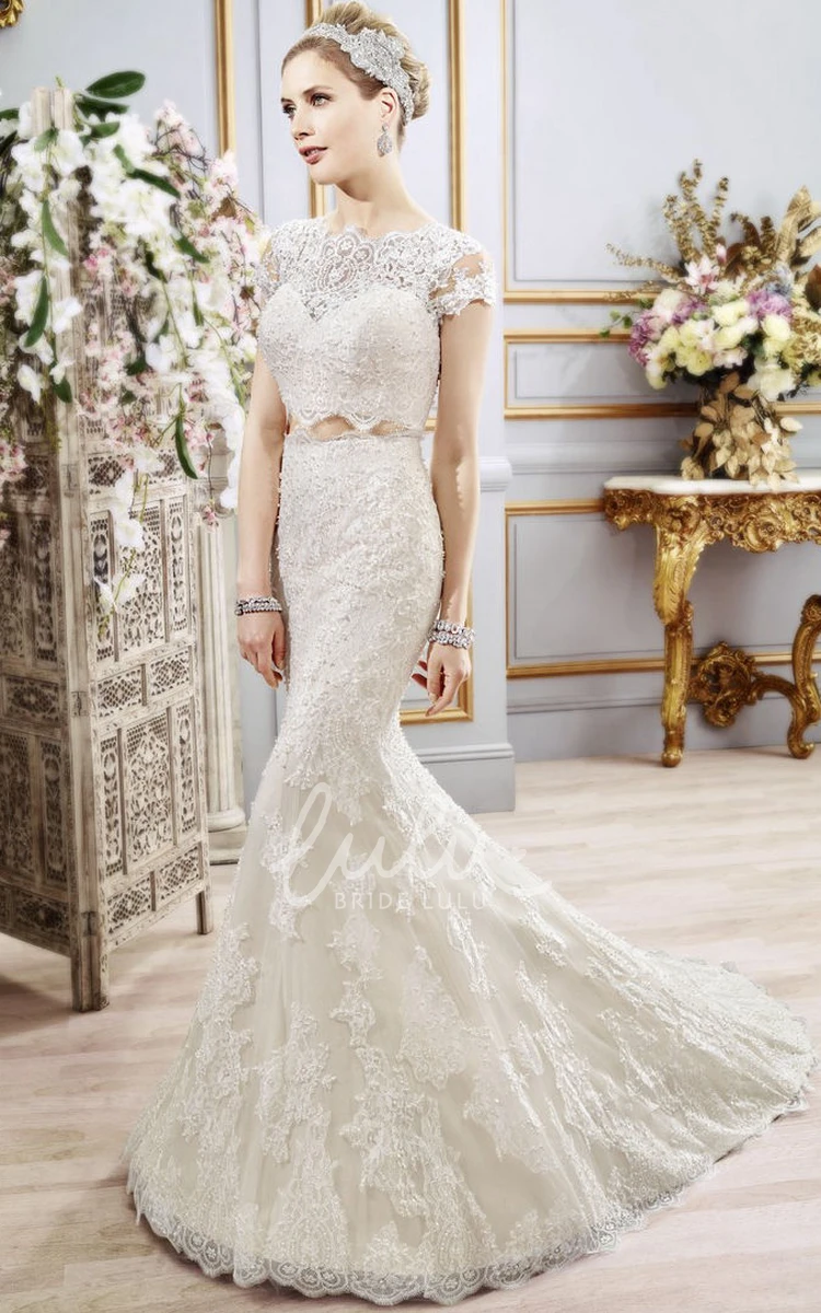 Cap-Sleeve High Neck Lace Mermaid Wedding Dress Illusion Detail