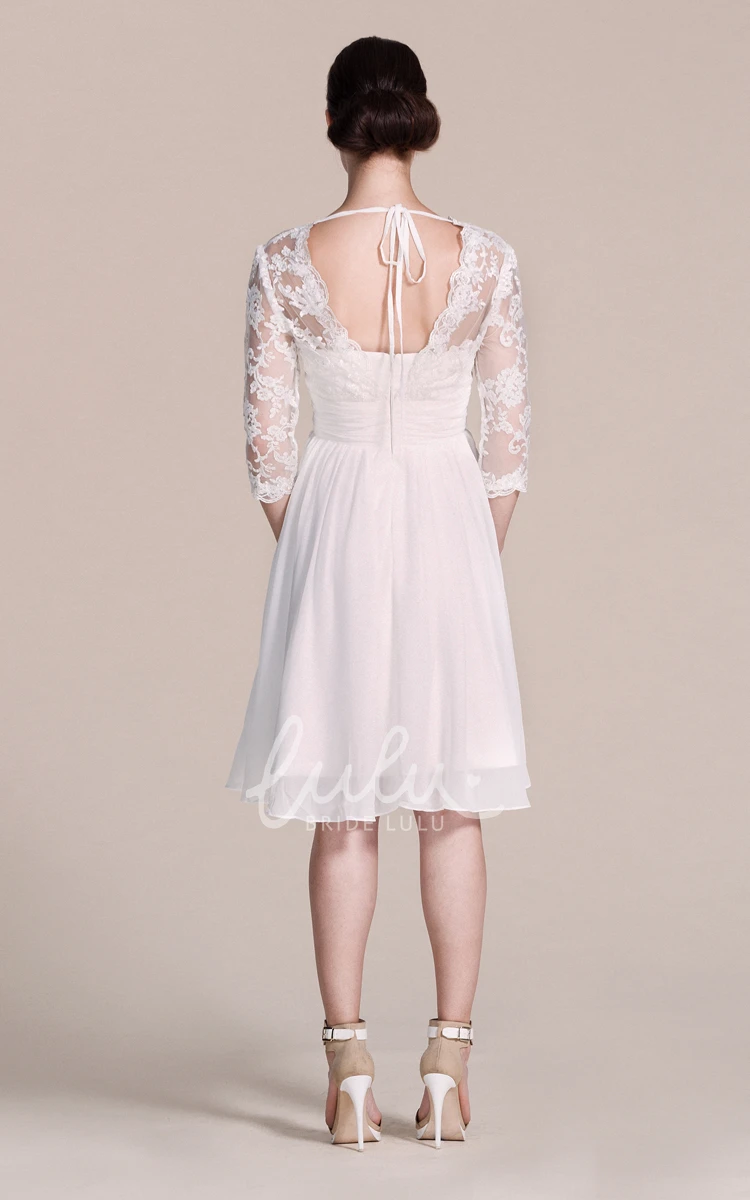 Lace Chiffon Knee-length Wedding Dress with V-neck and 3/4 Sleeves
