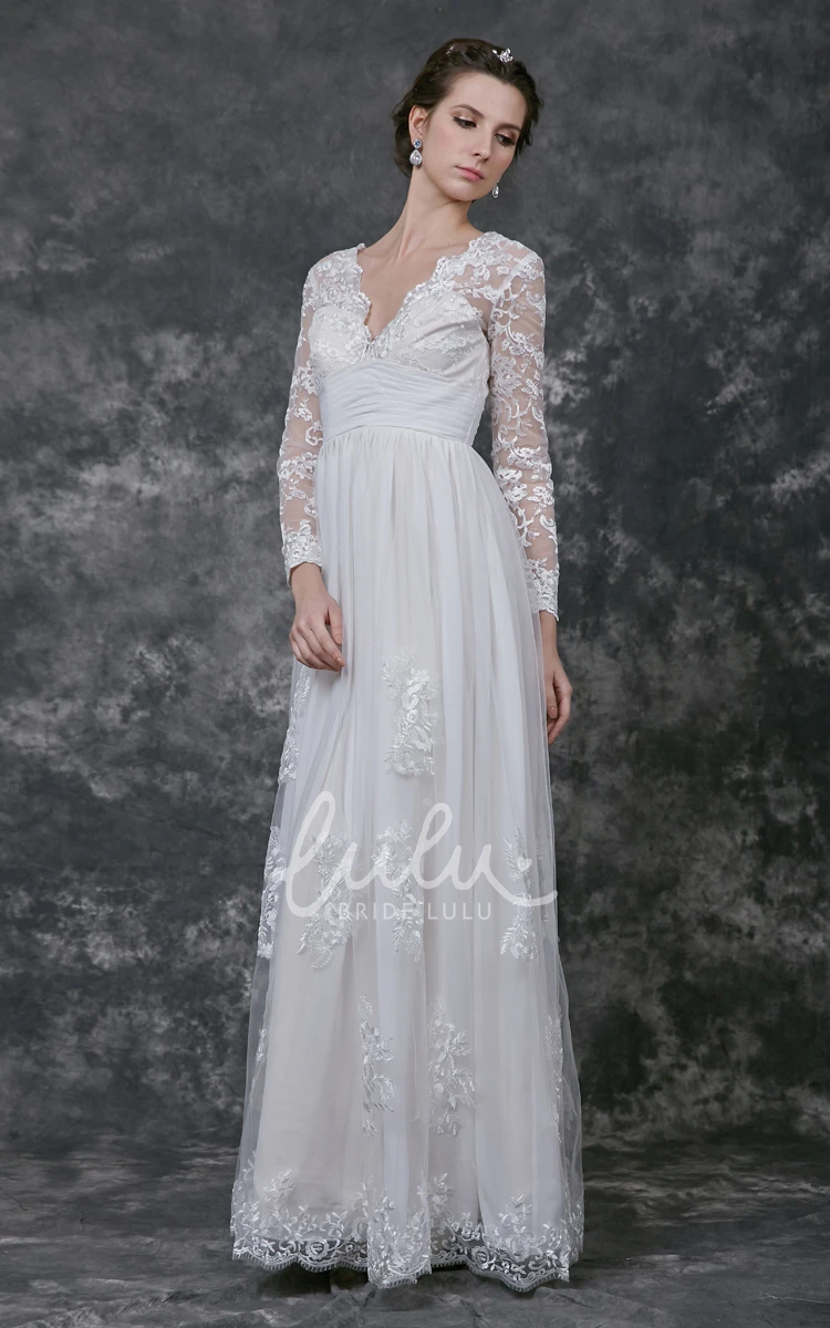 Illusion Sleeve Chiffon Dress with Ruched V-Neckline Flowy Wedding Gown