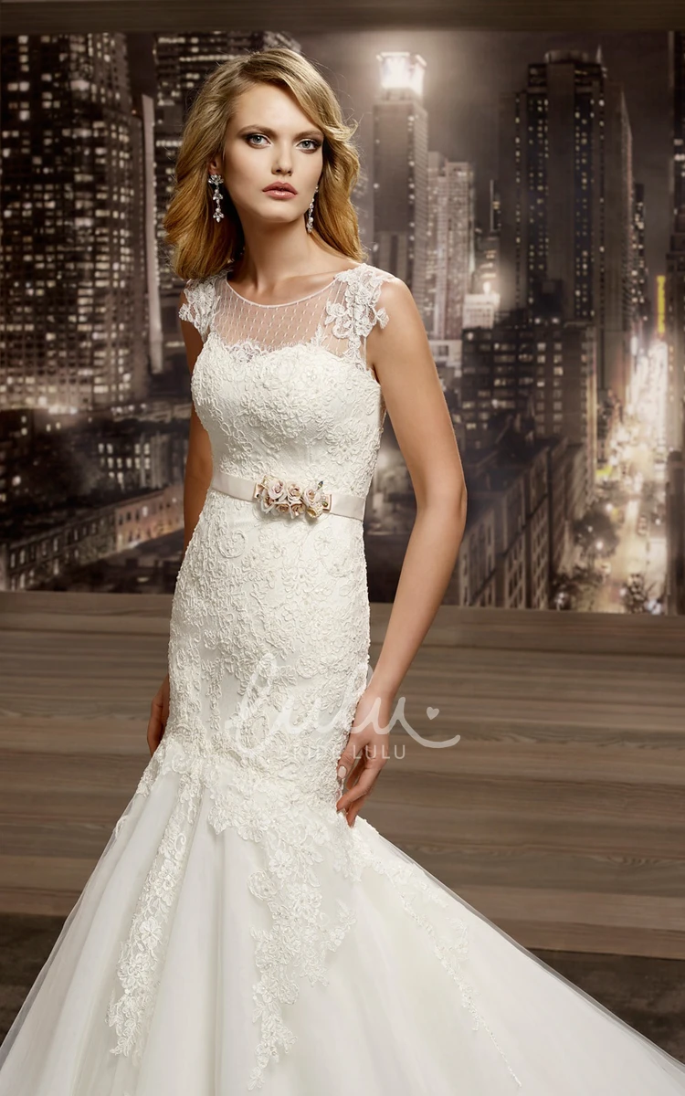 Jewel Neck Mermaid Lace Wedding Dress with Illusive Cap Sleeves Modern Bridal Gown