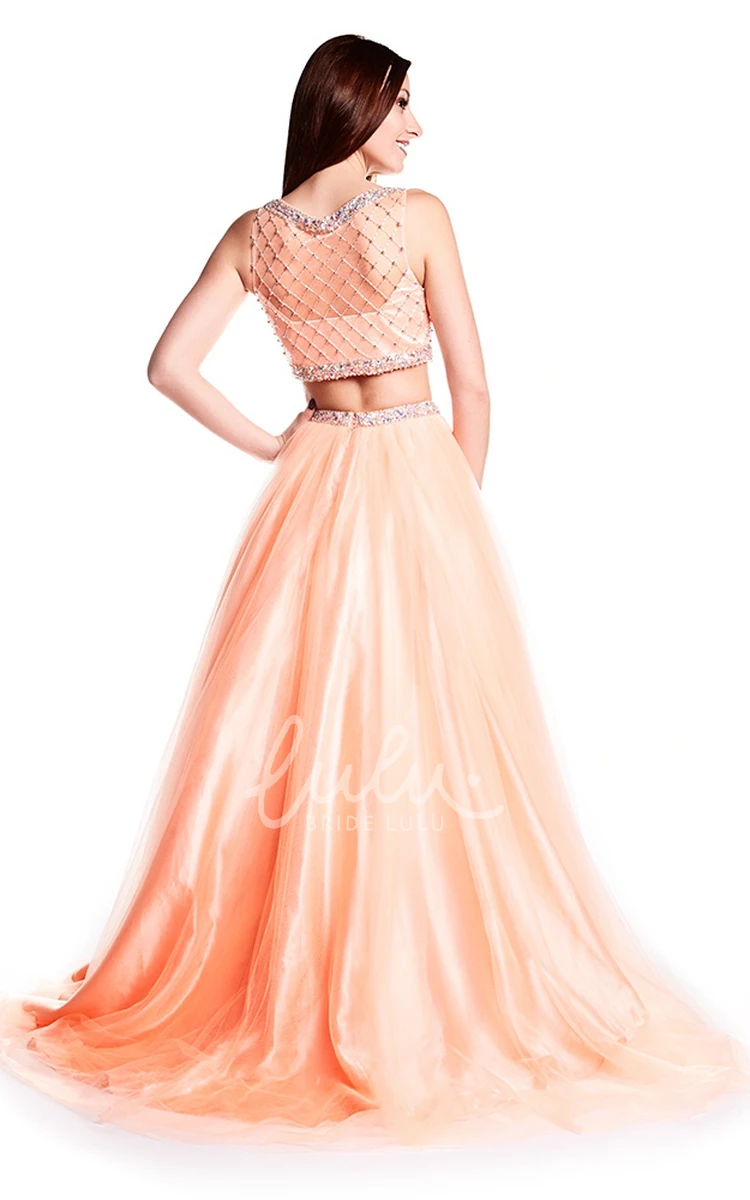 Sleeveless A-Line Beaded Tulle Prom Dress with Illusion Back