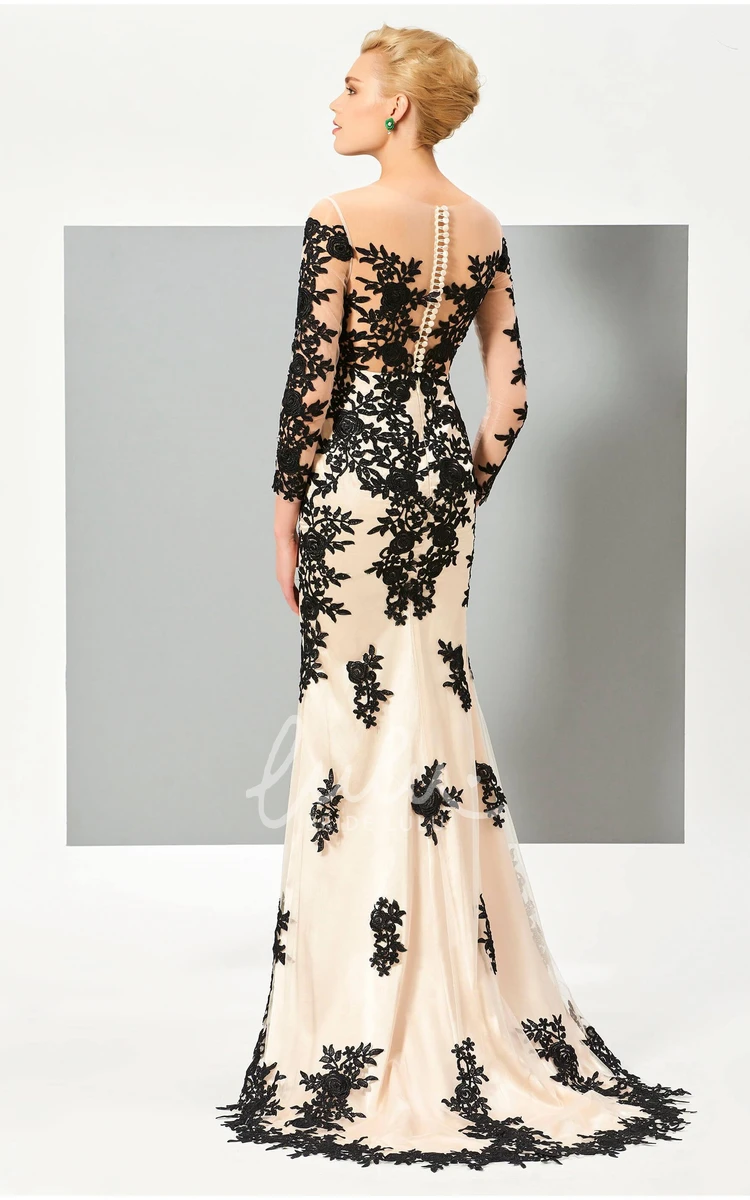 Illusion Mermaid Gown with Floral Appliques 3/4 Sleeve Button Back