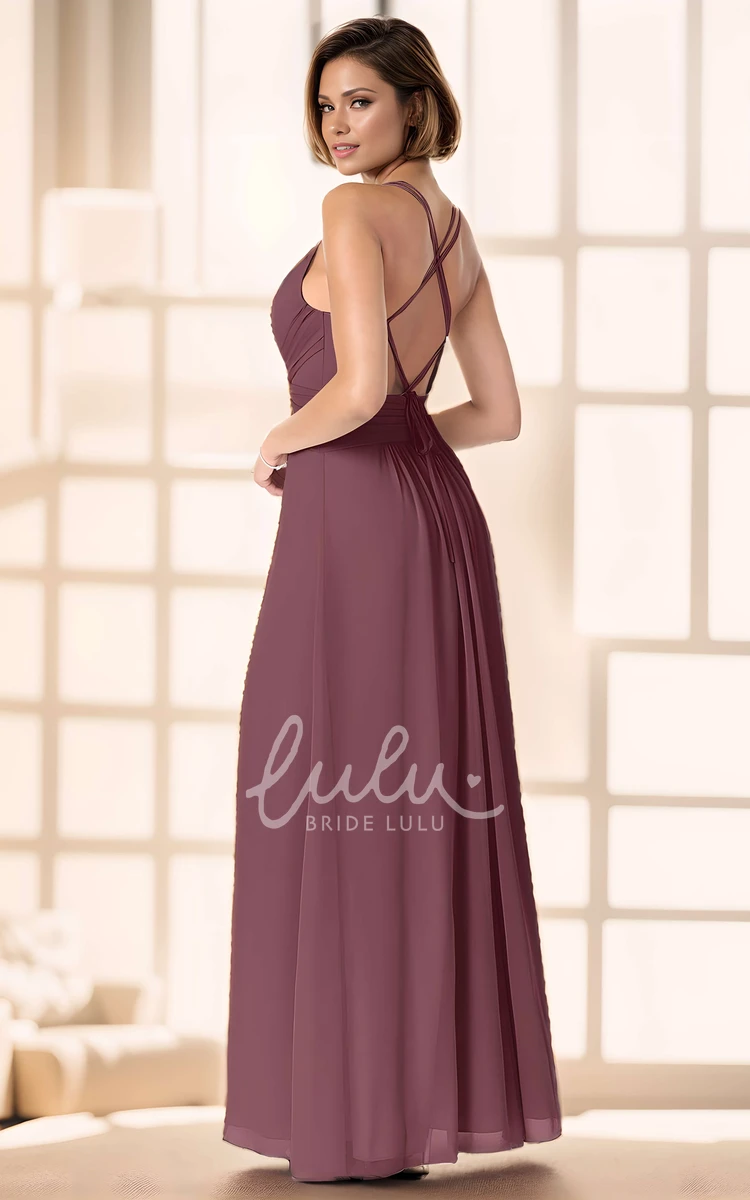 Modern Simple A-Line V-Neck Maxi Bridesmaid Dress Solid Elegant Sexy Spaghetti Strap Sleeveless Chiffon Dress