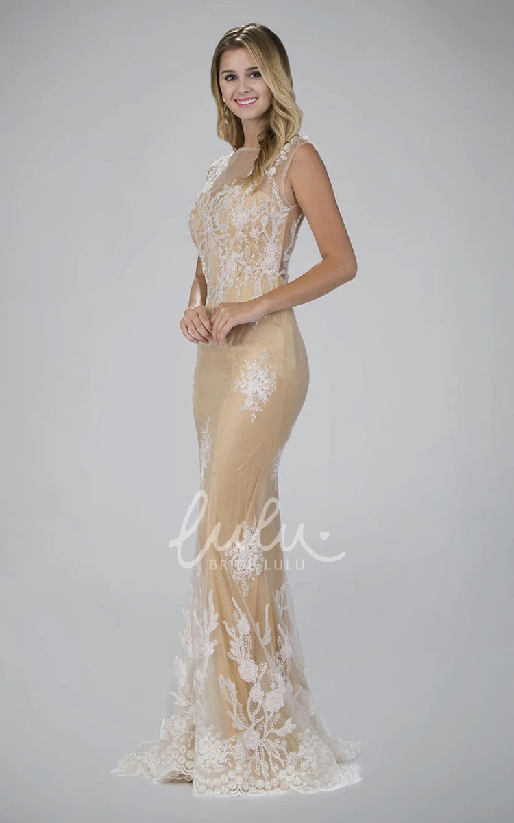 Lace Illusion Sheath Formal Dress with Appliques and Bateau Neckline