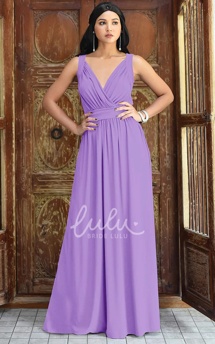 Chiffon V-neck A-line Bridesmaid Dress with Ruching Casual Floor-length