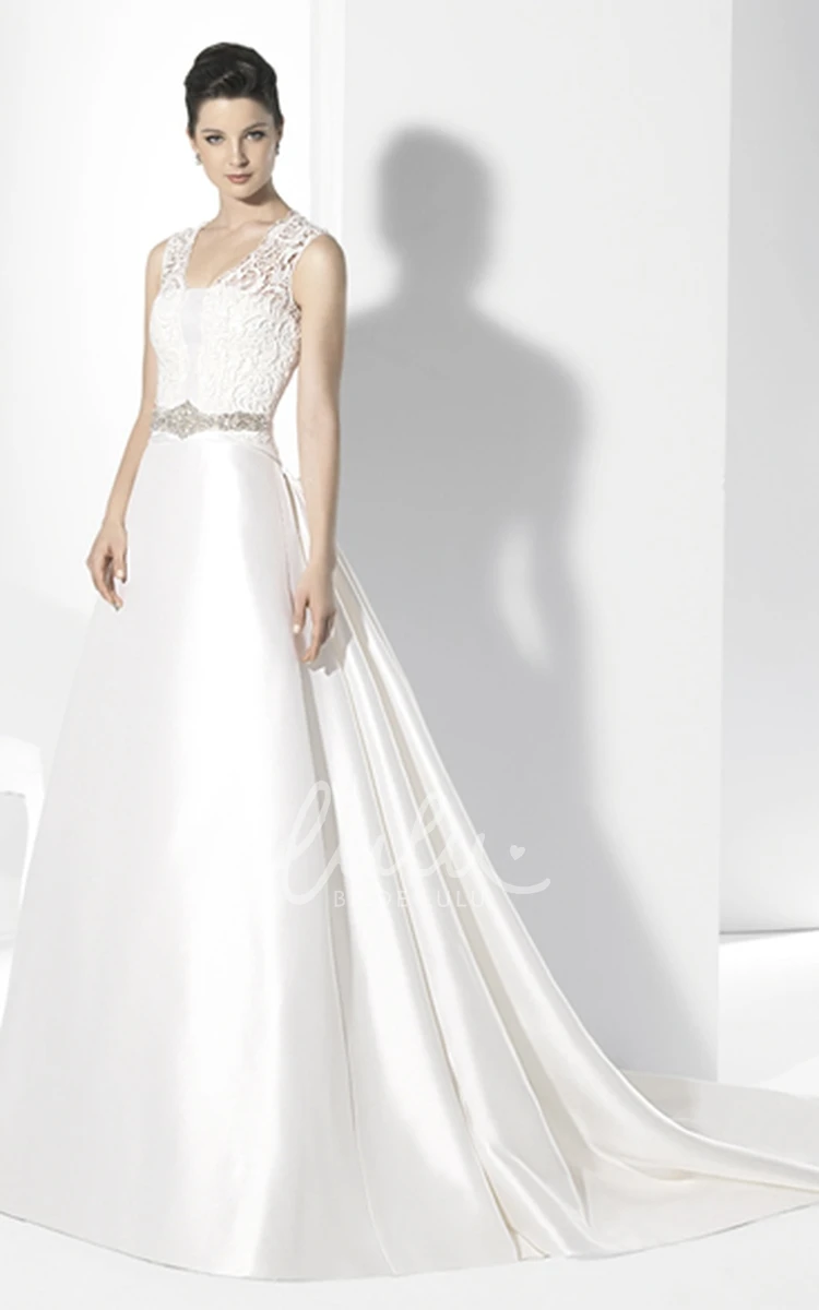 Sleeveless V-Neck Satin A-Line Wedding Dress with Jeweled Detail