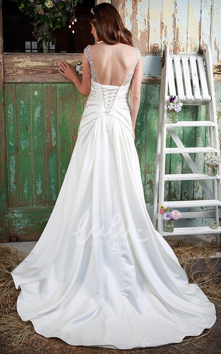 Crystal Detailing Satin Wedding Dress with Cap-Sleeves and Ruched Maxi Scoop-Neck