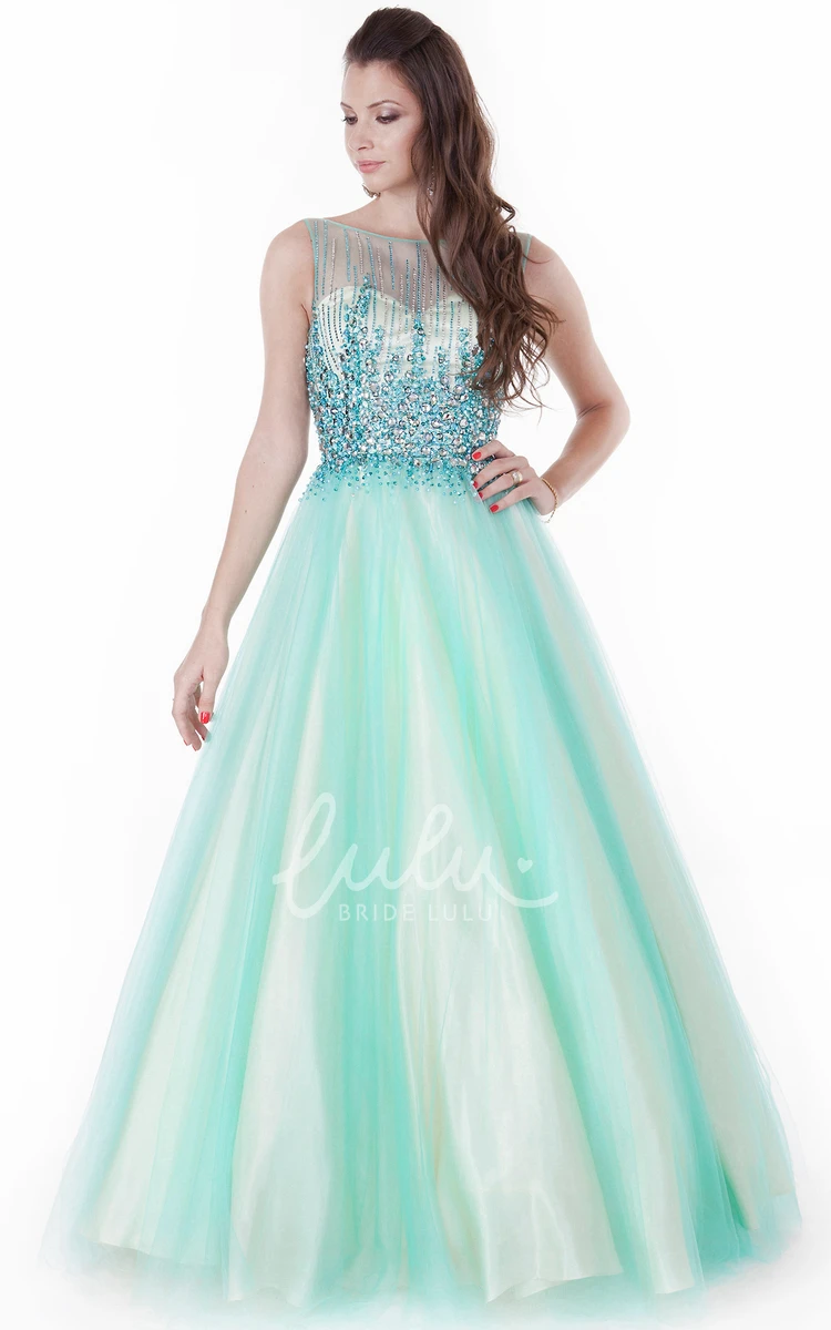 Beaded A-Line Tulle&Satin Prom Dress with Pleats Floor-Length Sleeveless Jewel-Neck