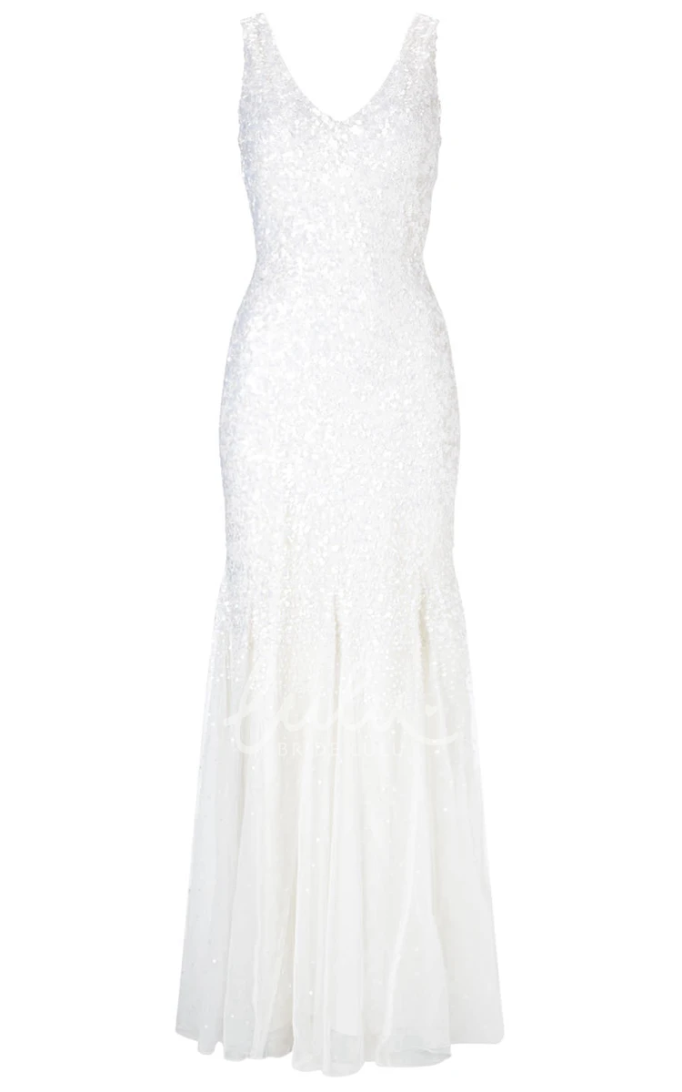 Sequin Sheath Wedding Dress with V-Neck and Low-V Back Floor-Length