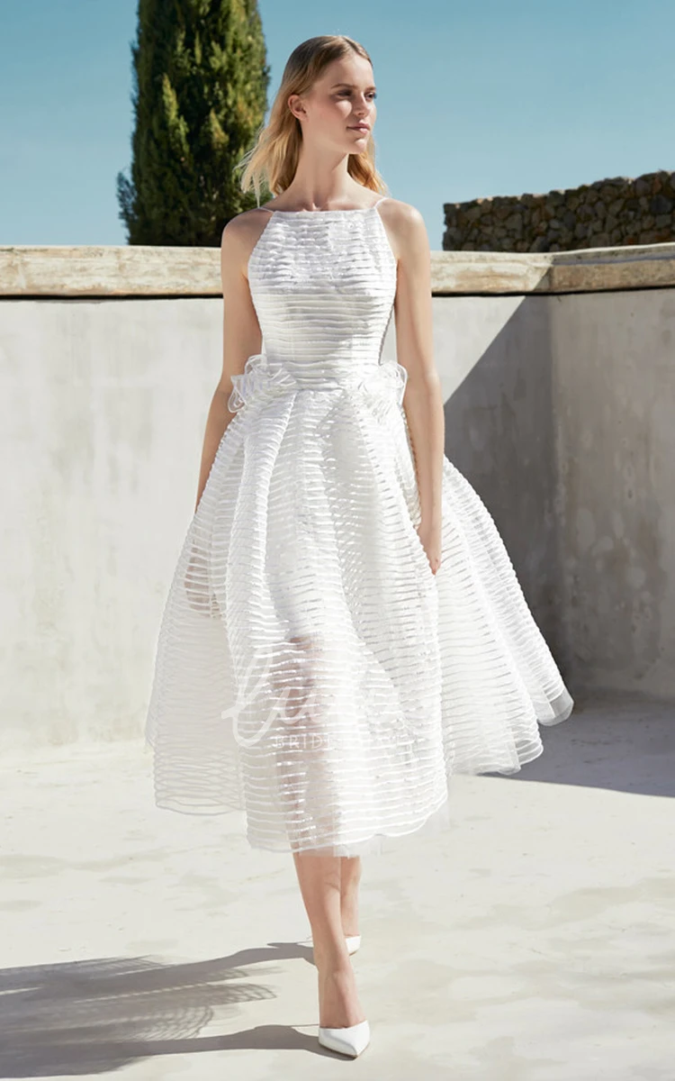 Halter Neckline Organza A-Line Tea-length Wedding Dress with Open Back Unique Wedding Dress