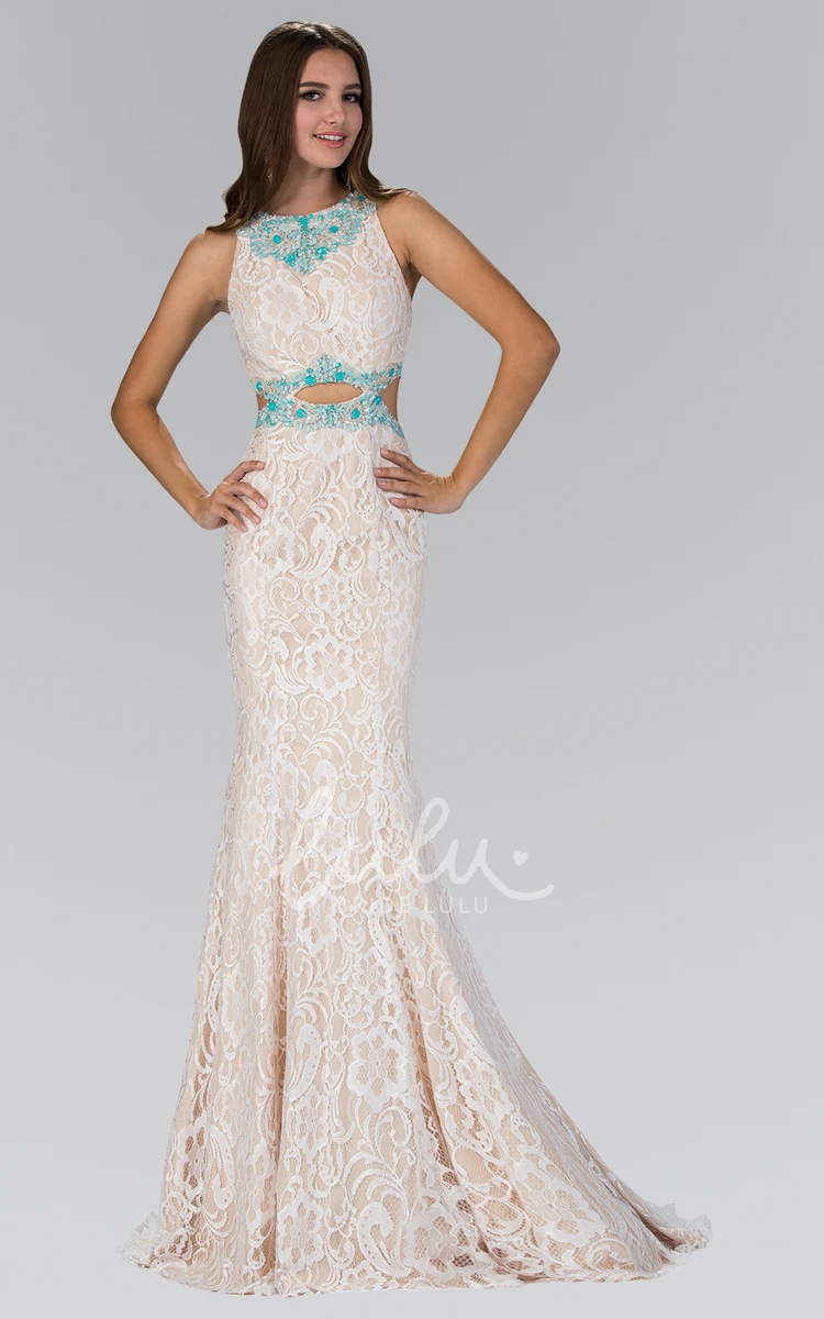 Lace Trumpet Floor-Length Sleeveless Formal Dress with Beading Jewel-Neck Zipper