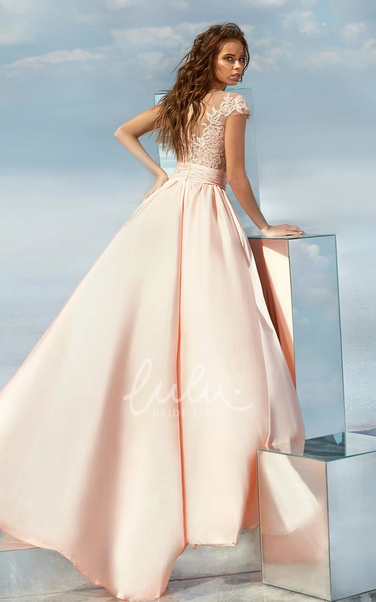 Satin Illusion A-line Formal Dress with Court Train and Jewel Neckline