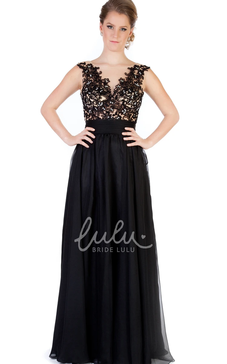 Appliqued Cap-Sleeve A-Line Evening Dress with Bateau-Neck and Pleats