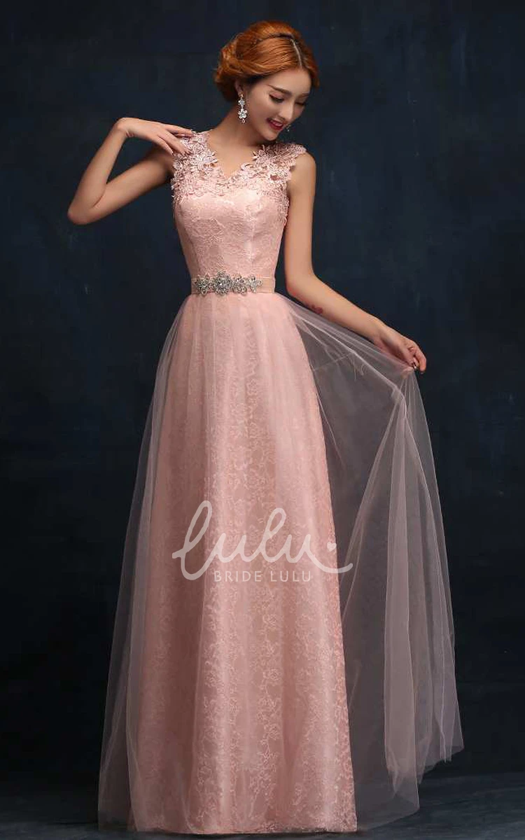 A-line Lace Tulle Formal Dress with Beaded Sash Long & Strappy