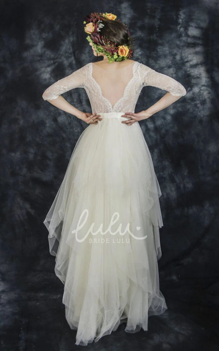 Bow Draping Vintage Half Sleeve Tulle Lace Wedding Dress