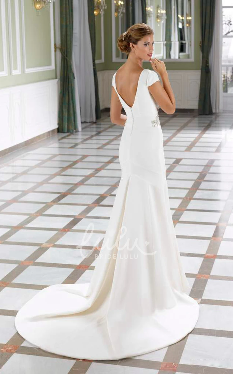 Short-Sleeve Square-Neck Satin Wedding Dress in Sheath Style