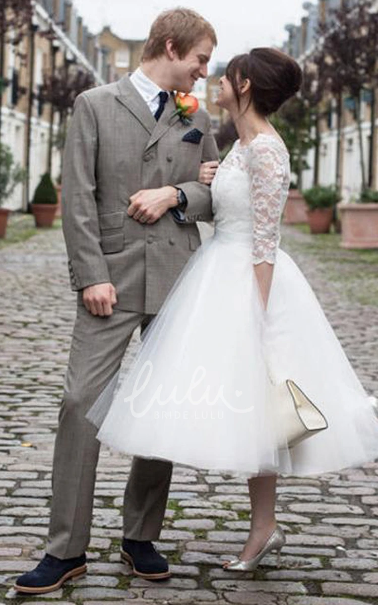 Vintage Tea-Length Lace Wedding Dress with 3/4 Sleeves