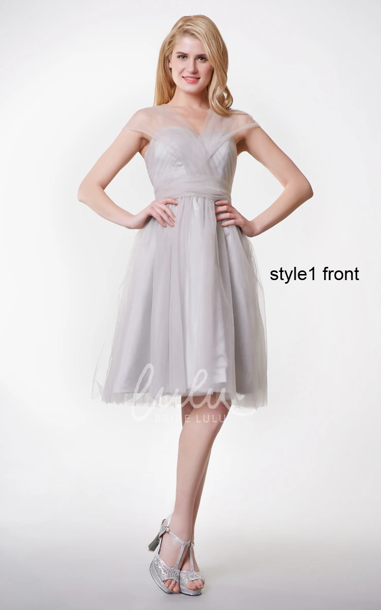 Short Sleeve Tulle Dress with Ruched Belt Pleated A-line