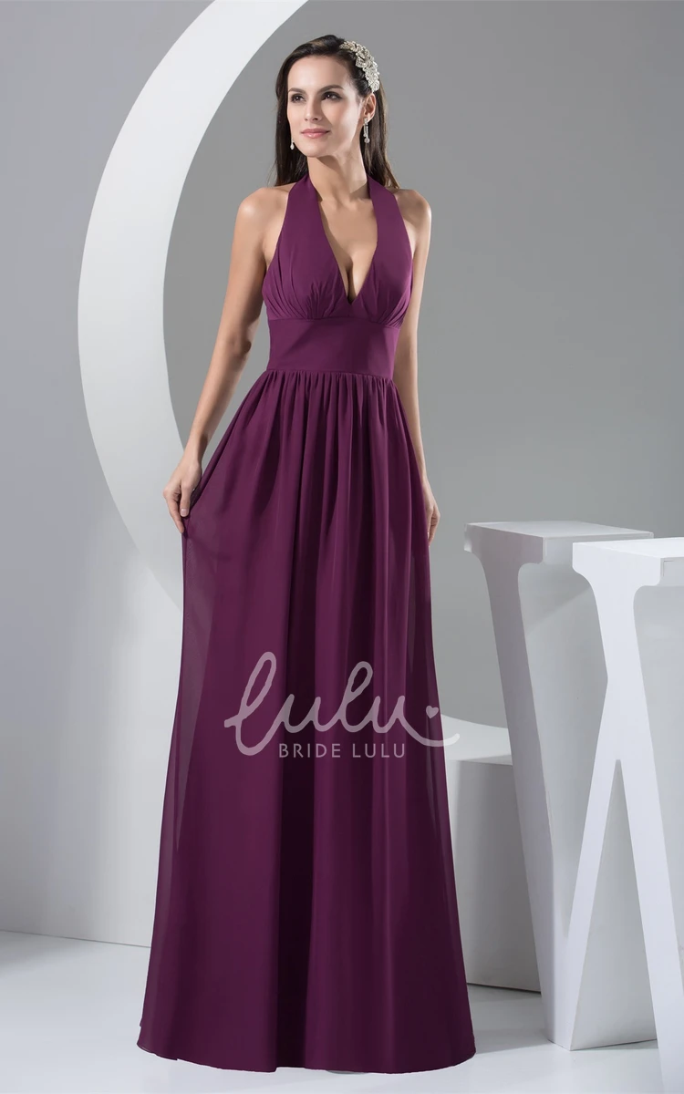 Halter Maxi Formal Dress with Pleats and Backless Design Flowy A-Line Dress