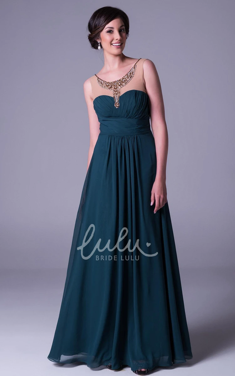 Sleeveless Chiffon Prom Dress with Beaded Ruched Bodice and Long A-Line Skirt