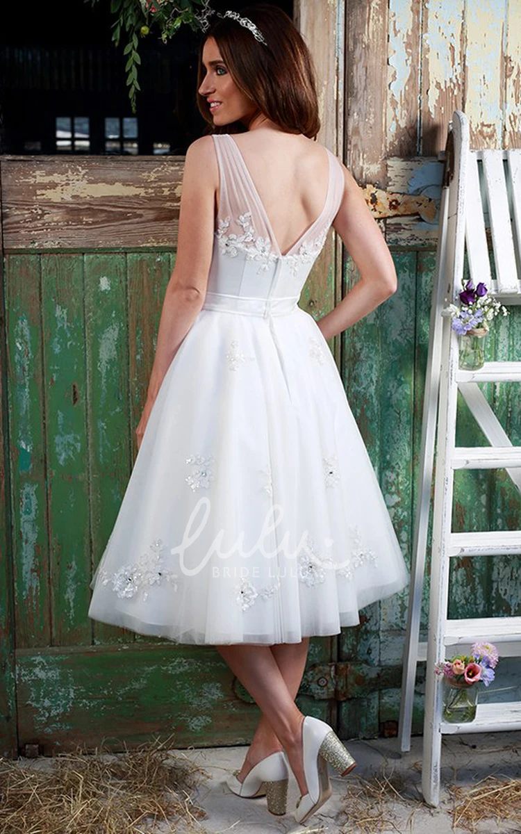 Tea-Length V-Neck Tulle Wedding Dress with Appliques A-Line Bridal Gown