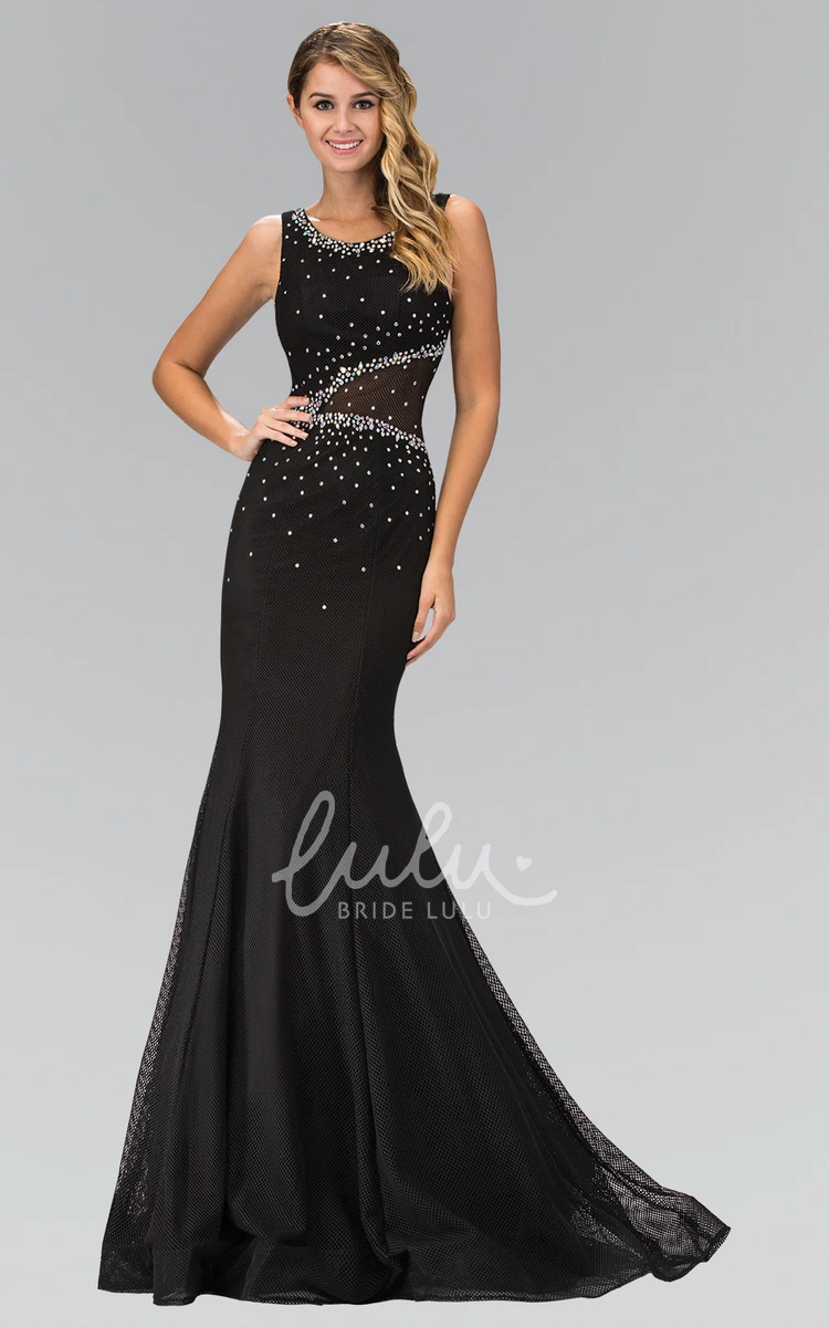 Ruffled Sleeveless Sheath Prom Dress with Scoop-Neck and Illusion Detail