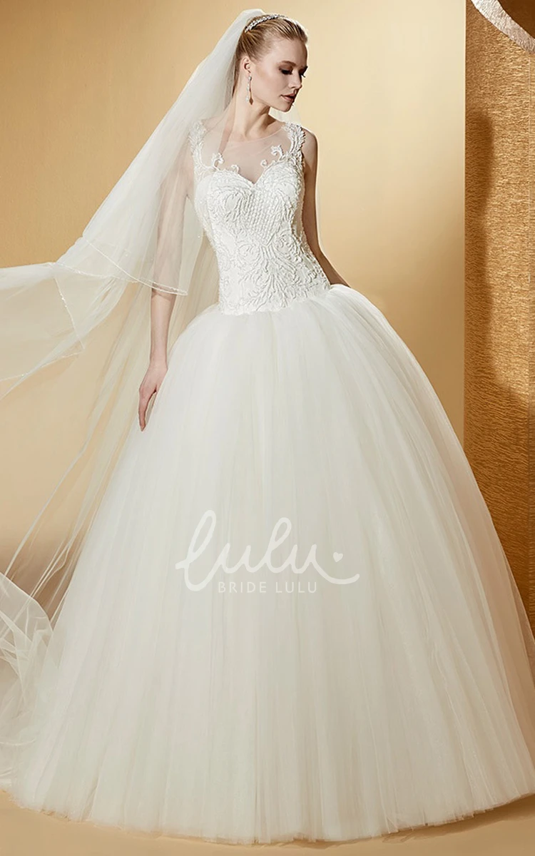 Exquisite Appliques Jewel Neck Wedding Dress with Puffy Skirt