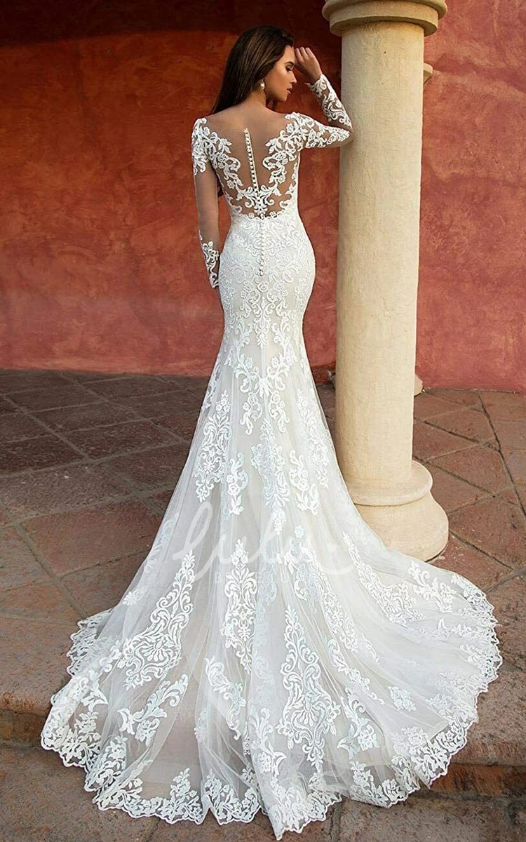 Elegant Mermaid Boho Long Sleeve Wedding Dress Sexy Lace Bateau Neck Gown with Court Train