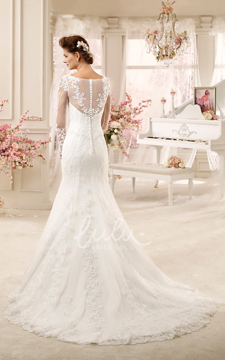 Illusive Design Long-Sleeve Mermaid Wedding Dress with Brush Train Elegant Women's Bridal Gown