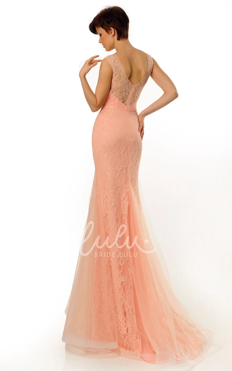 Sleeveless Tulle and Lace Sheath Prom Dress with Scoop Neck