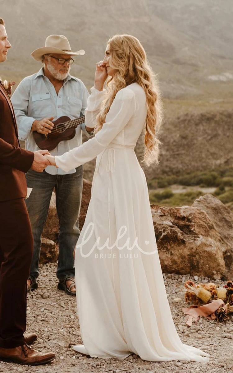 Bohemian A-Line Wedding Dress V-neck Chiffon With Long Sleeve And Button Back
