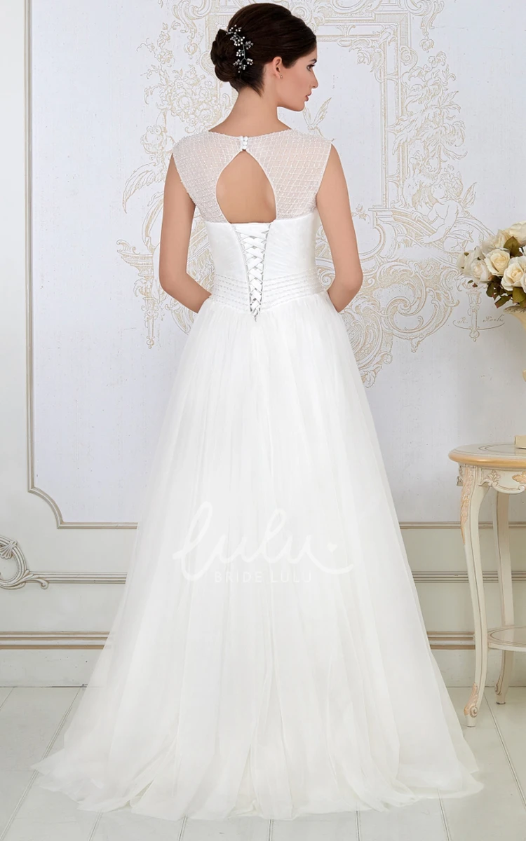 Beaded Tulle A-Line Wedding Dress with Scoop Neck and Criss-Cross Back Floor-Length Bridal Gown