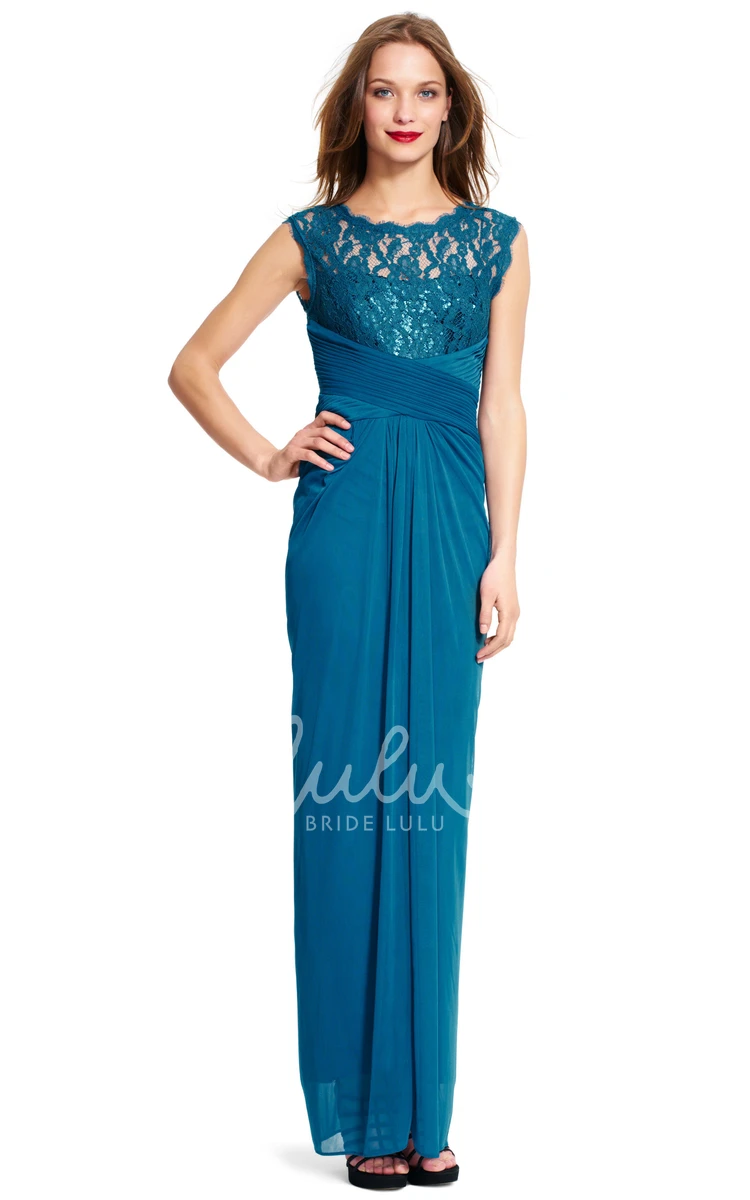 Sleeveless Ruched Chiffon Bridesmaid Dress with Lace and Zipper Pencil