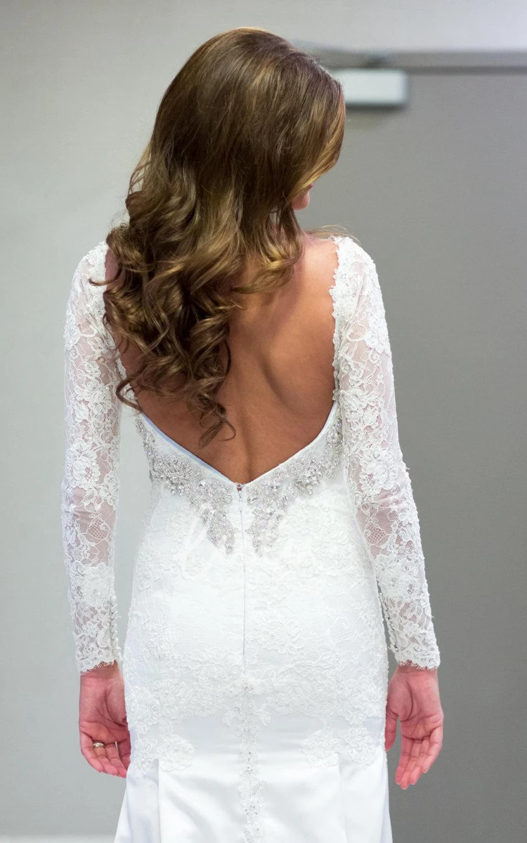 Long Sleeve Lace Satin Dress with Beading and V-Neckline Wedding Gown