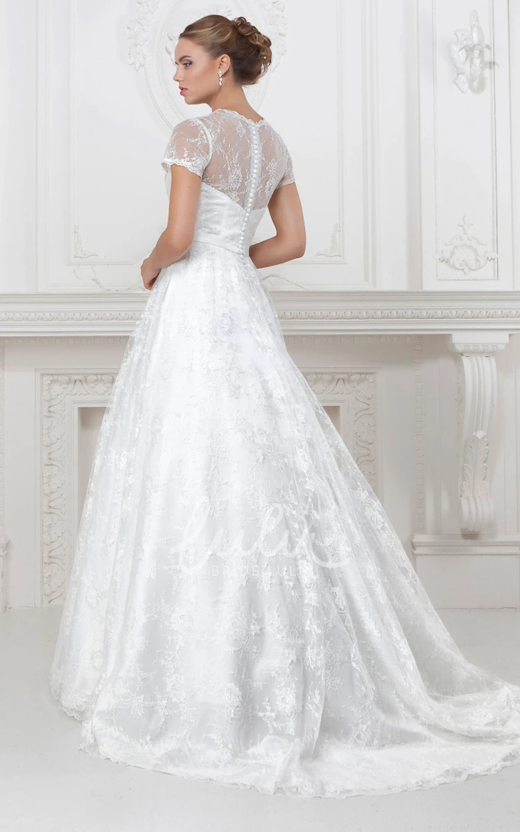 High-Neck Lace and Satin Short-Sleeve A-Line Wedding Dress with Waist Jewelry