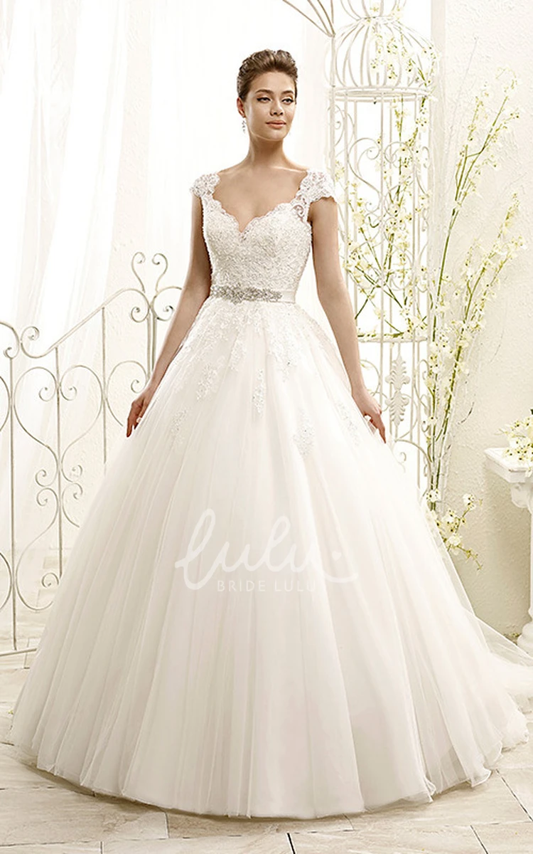 Cap-Sleeve Appliqued Tulle&Lace Ball Gown Wedding Dress Classic Bridal Gown